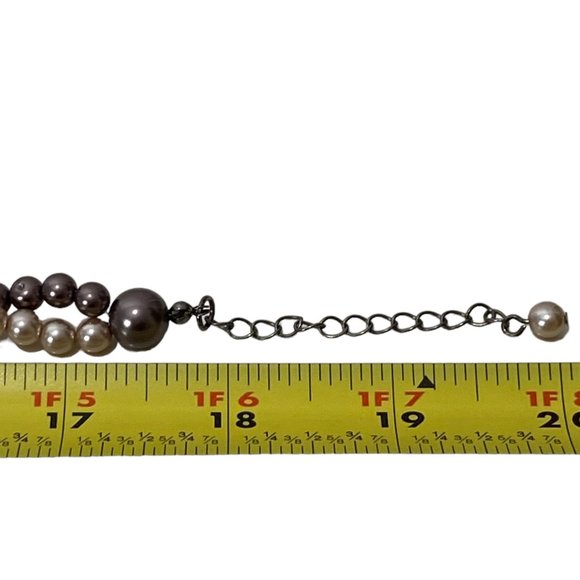 (3-097) Double Strand Necklace Taupe/Beige Pearl-Like Beads Black Faceted Beads - Picture 8 of 12